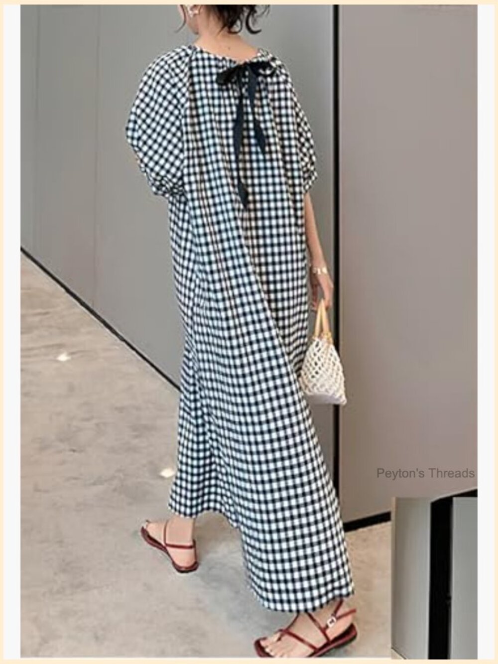 Gingham Loose-Fit Swing Midi Dress with Lantern Puff Sleeves - Picture 3 of 7